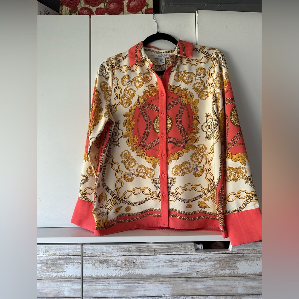 ✨ Rachel Zoe Chain Print Button Down Blouse Women’s Small Coral Gold Baroque